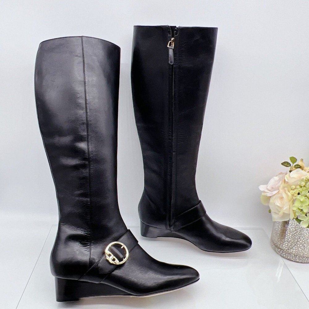 Tory Burch Sofia 45mm LOGO Buckle Knee-High Tall Wedge Boot Black Leather US 6